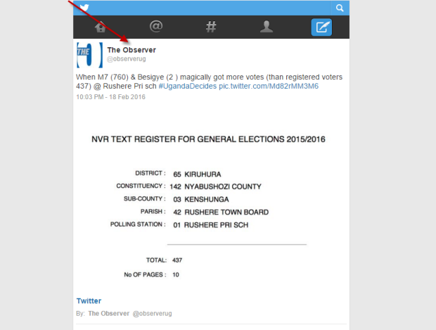 Tweet showing election irregularity- #UgandaDecides